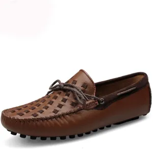 Driving Loafer for Men Boat Moccasins Slip On Style Cowhide Leather Breathable Hand-Woven Upper Bowknotdecor