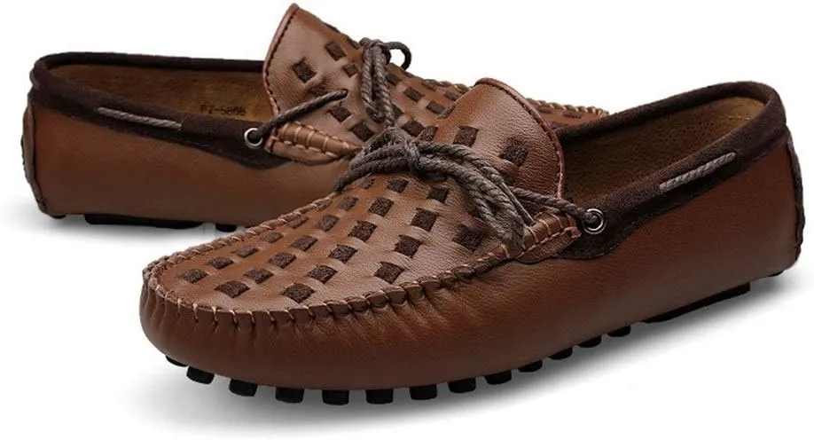 Driving Loafer for Men Boat Moccasins Slip On Style Cowhide Leather Breathable Hand-Woven Upper Bowknotdecor