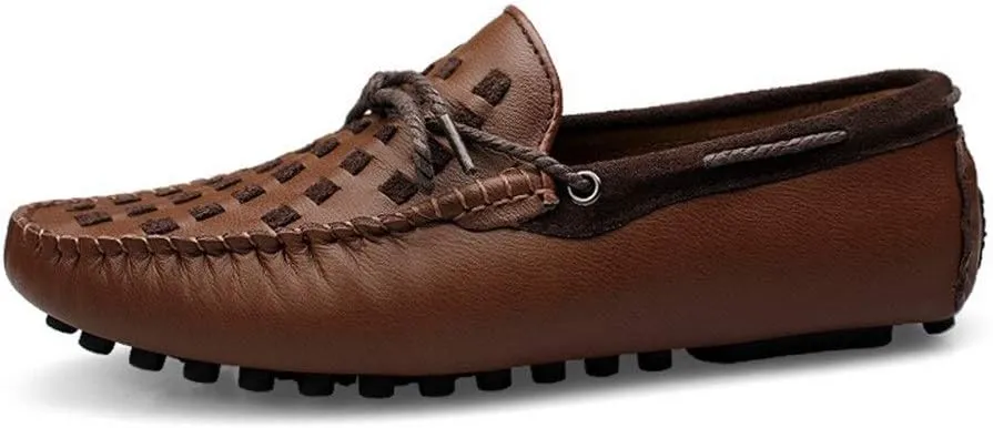 Driving Loafer for Men Boat Moccasins Slip On Style Cowhide Leather Breathable Hand-Woven Upper Bowknotdecor