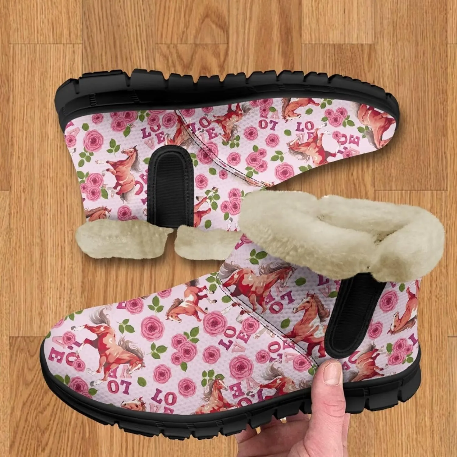 Flower Snow Boots for Women Winter Ankle Fuzzy Boot Warm Outdoor Booties Plush Fluffy Hiking Shoes