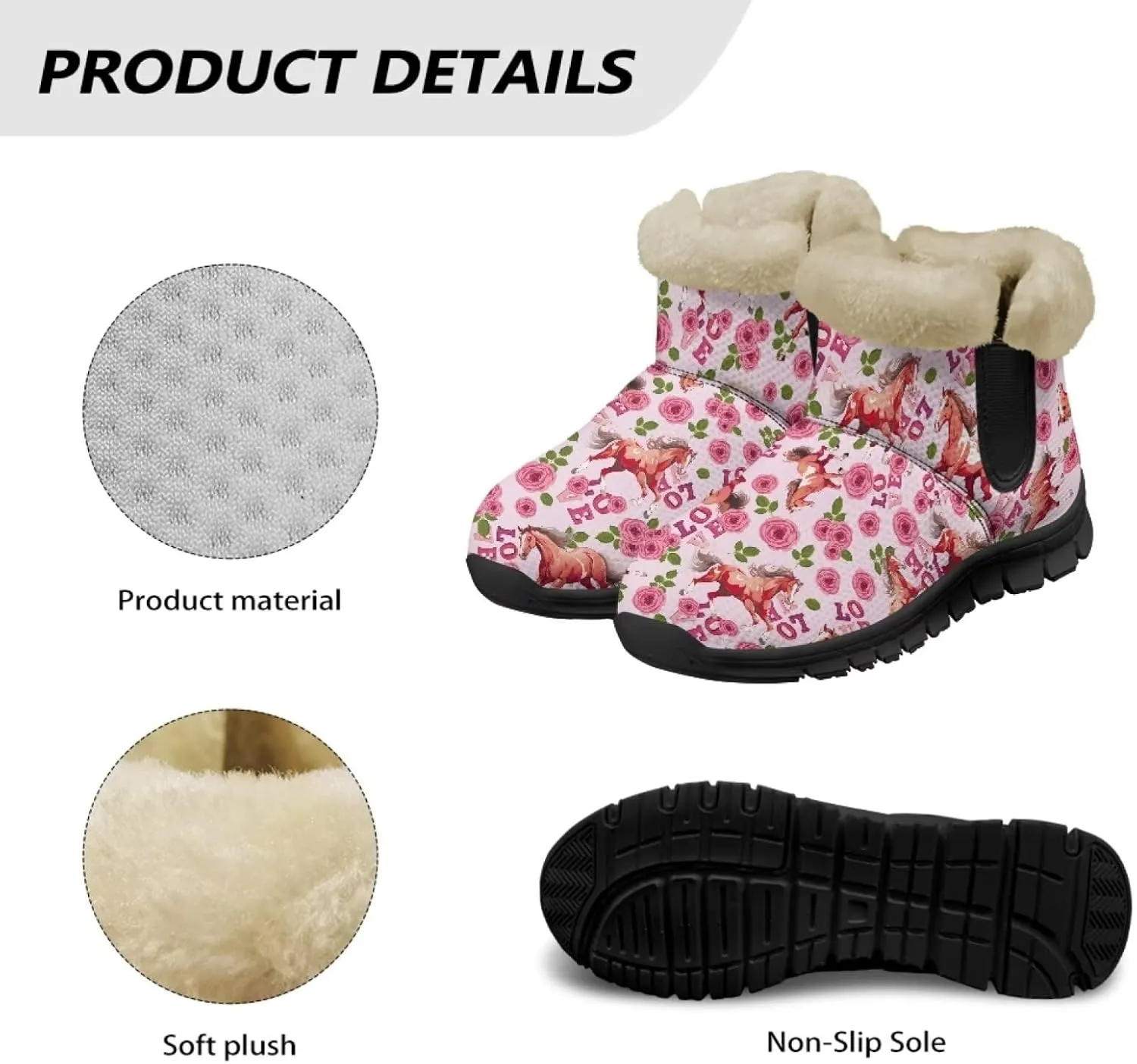 Flower Snow Boots for Women Winter Ankle Fuzzy Boot Warm Outdoor Booties Plush Fluffy Hiking Shoes