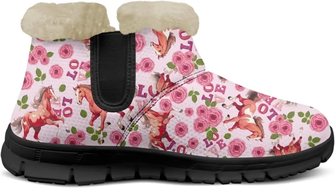 Flower Snow Boots for Women Winter Ankle Fuzzy Boot Warm Outdoor Booties Plush Fluffy Hiking Shoes
