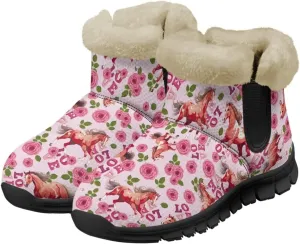 Flower Snow Boots for Women Winter Ankle Fuzzy Boot Warm Outdoor Booties Plush Fluffy Hiking Shoes