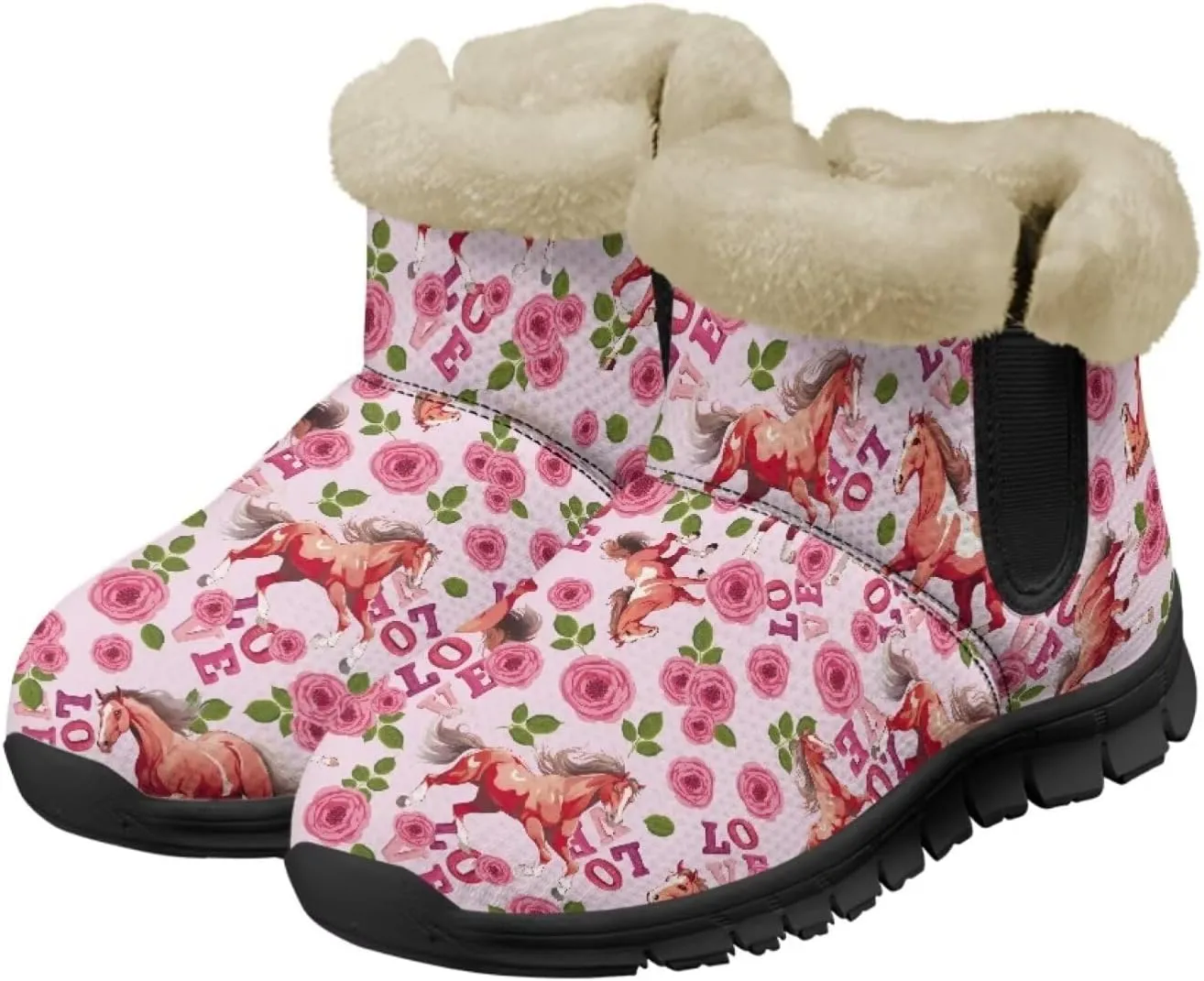 Flower Snow Boots for Women Winter Ankle Fuzzy Boot Warm Outdoor Booties Plush Fluffy Hiking Shoes