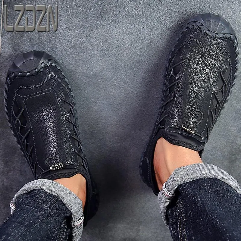 Genuine Men's Leather Big Foot Moccasins Black Summer Shoes