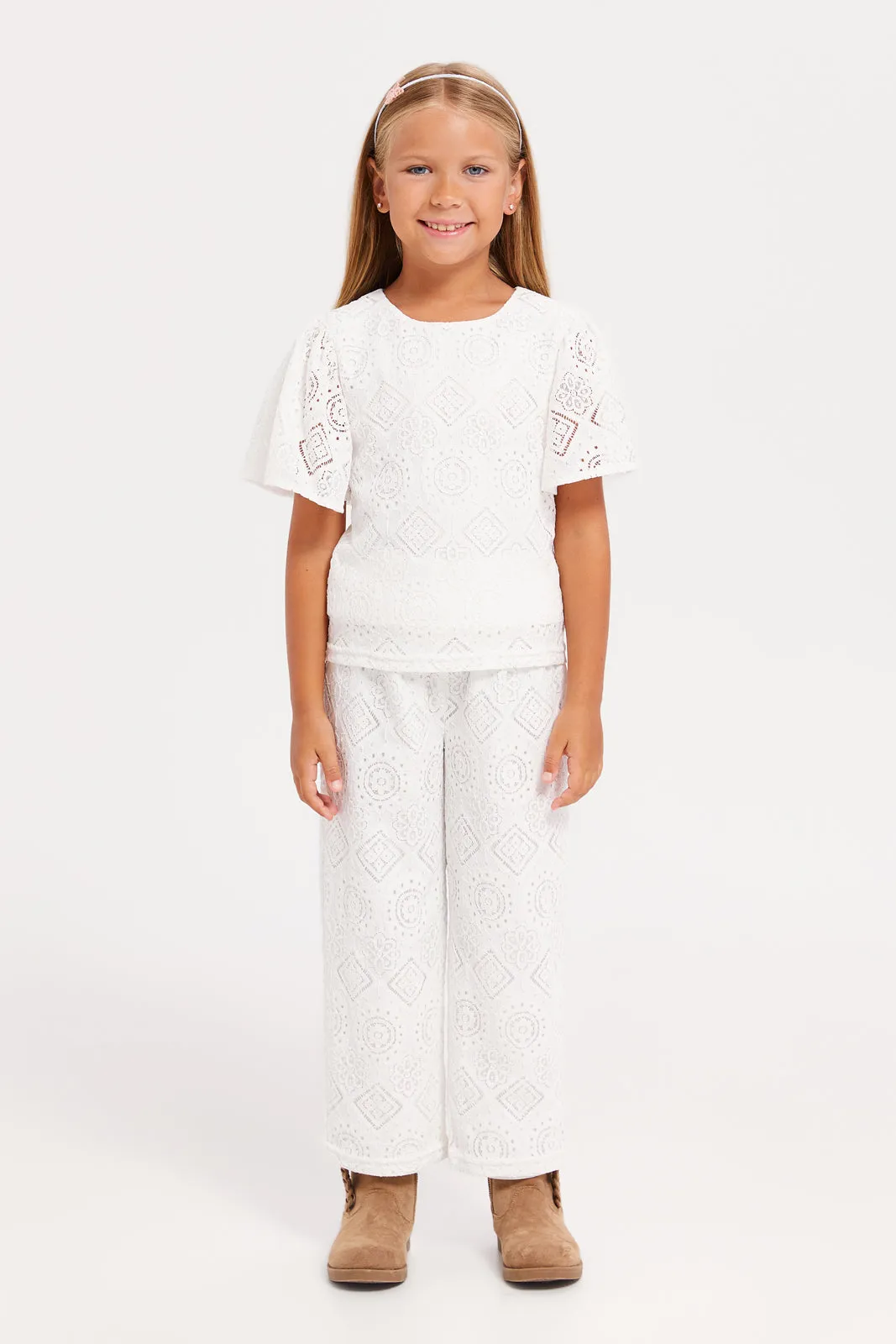 Girls White Lace Wide Leg Trouser