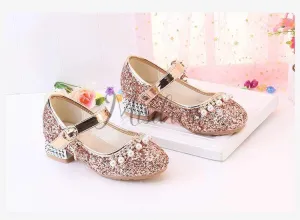 Gold/Silver Sequin Rhinestone Wedding Flower Girl Shoes High Heels Princess Dancing Shoes