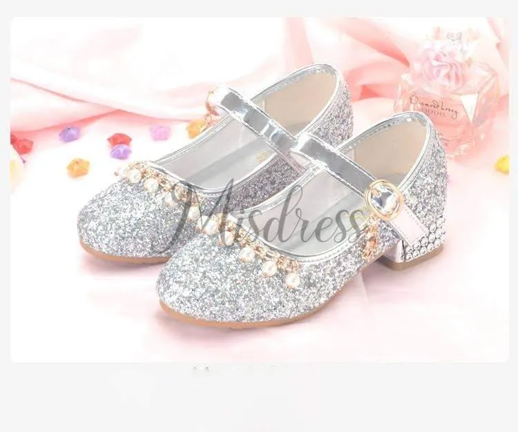 Gold/Silver Sequin Rhinestone Wedding Flower Girl Shoes High Heels Princess Dancing Shoes