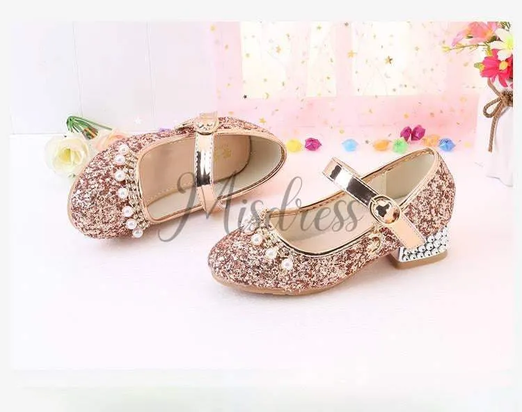Gold/Silver Sequin Rhinestone Wedding Flower Girl Shoes High Heels Princess Dancing Shoes