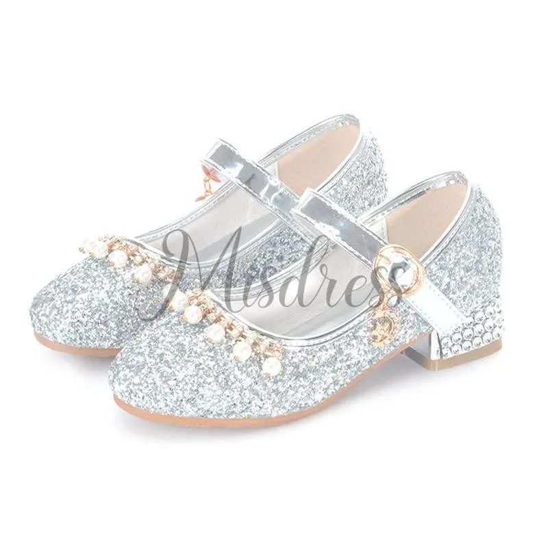 Gold/Silver Sequin Rhinestone Wedding Flower Girl Shoes High Heels Princess Dancing Shoes