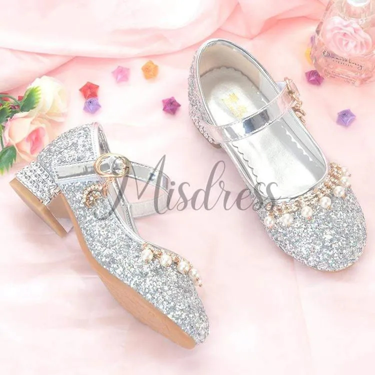 Gold/Silver Sequin Rhinestone Wedding Flower Girl Shoes High Heels Princess Dancing Shoes