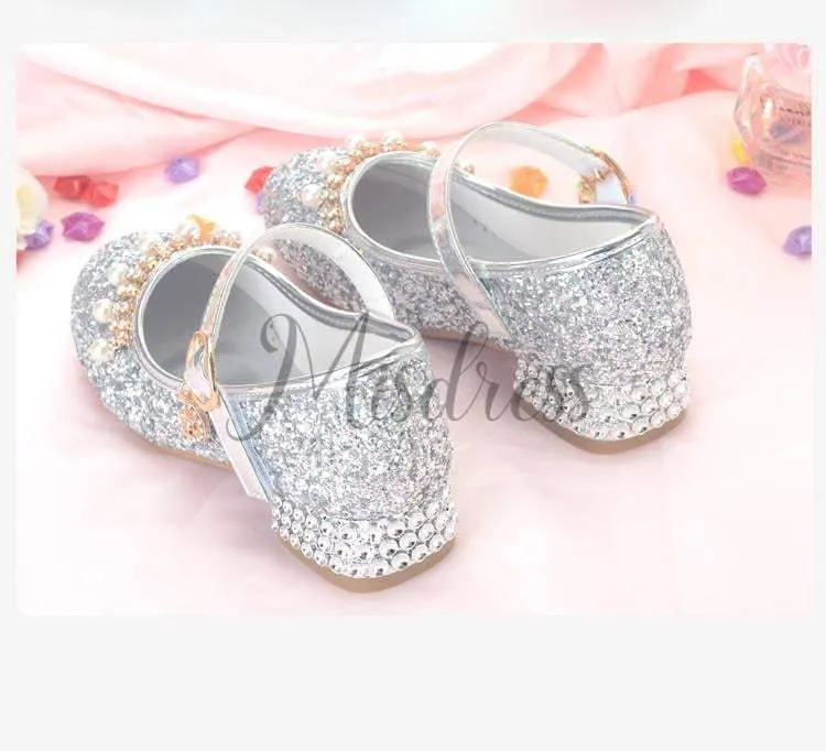 Gold/Silver Sequin Rhinestone Wedding Flower Girl Shoes High Heels Princess Dancing Shoes