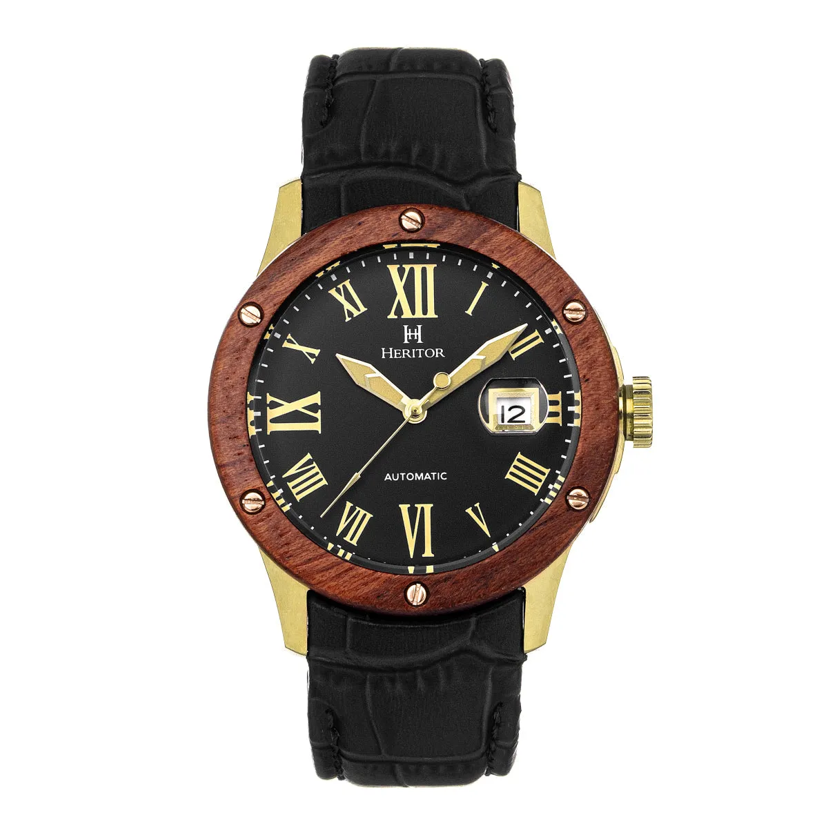 Heritor Automatic Everest Wooden Bezel Leather Band Watch /Date
