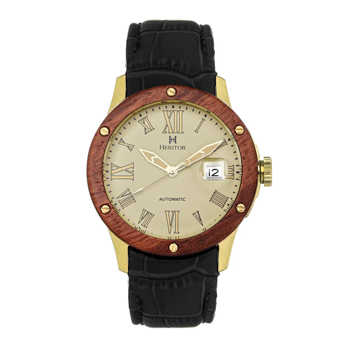 Heritor Automatic Everest Wooden Bezel Leather Band Watch /Date