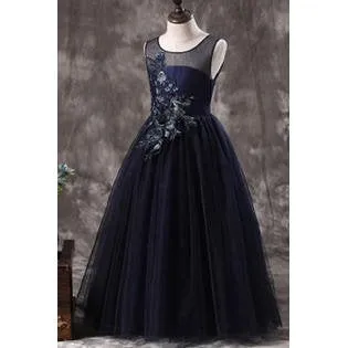 Kids Girls Pretty Lace Embroidered Round Neck Solid Colored Fancy Dress - C919UKGD