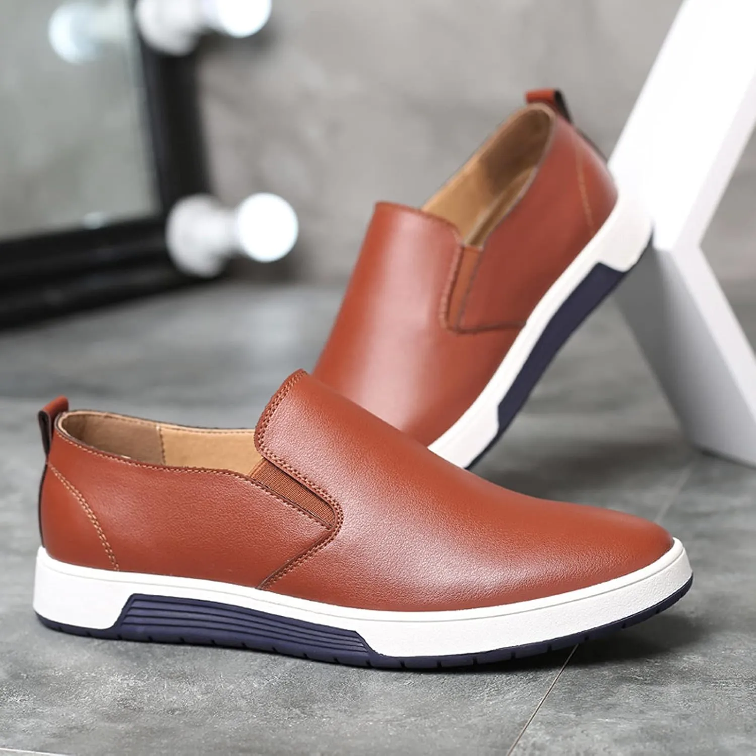 Mens Casual Shoes Sneakers Loafers Comfort Walking Shoes for Male Business Work Office Dress Summer Leather Shoes (Brown, 8.5)