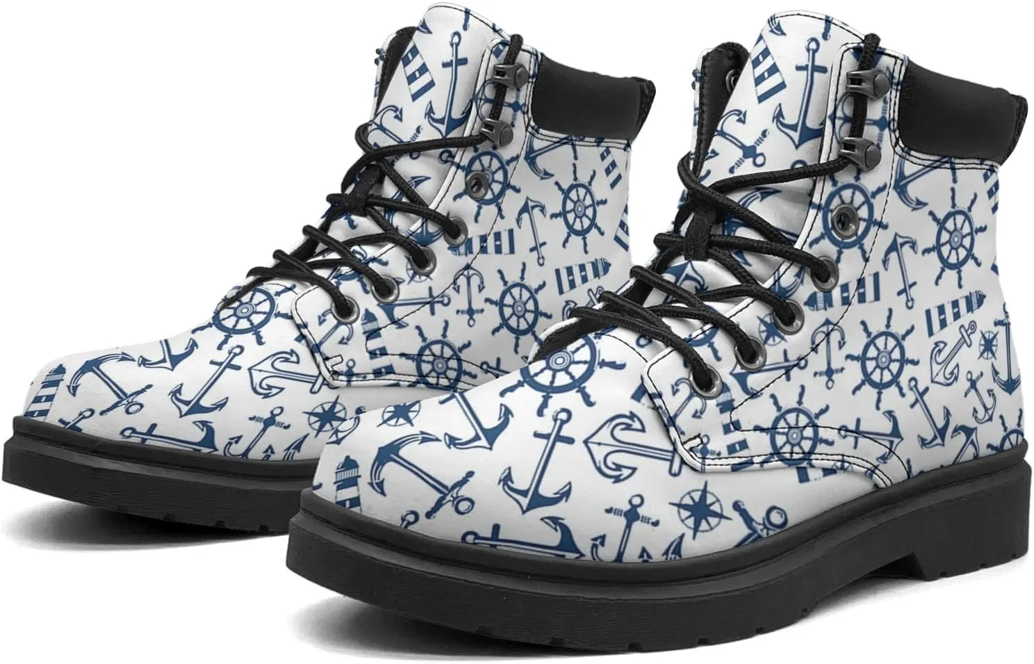 Pitovozu Navy Sea Anchor Sailboat Boots Womens Mens Snow Boots Ankle Anti-Slip Combat Boots Lace Up Waterproof Leather Boots Shoes Gifts for Women Men