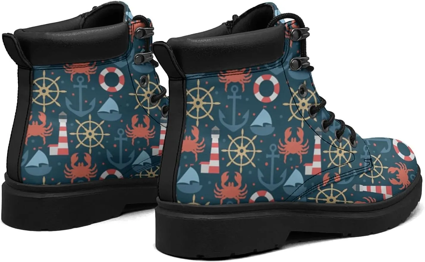 Pitovozu Navy Sea Anchor Sailboat Boots Womens Mens Snow Boots Ankle Anti-Slip Combat Boots Lace Up Waterproof Leather Boots Shoes Gifts for Women Men
