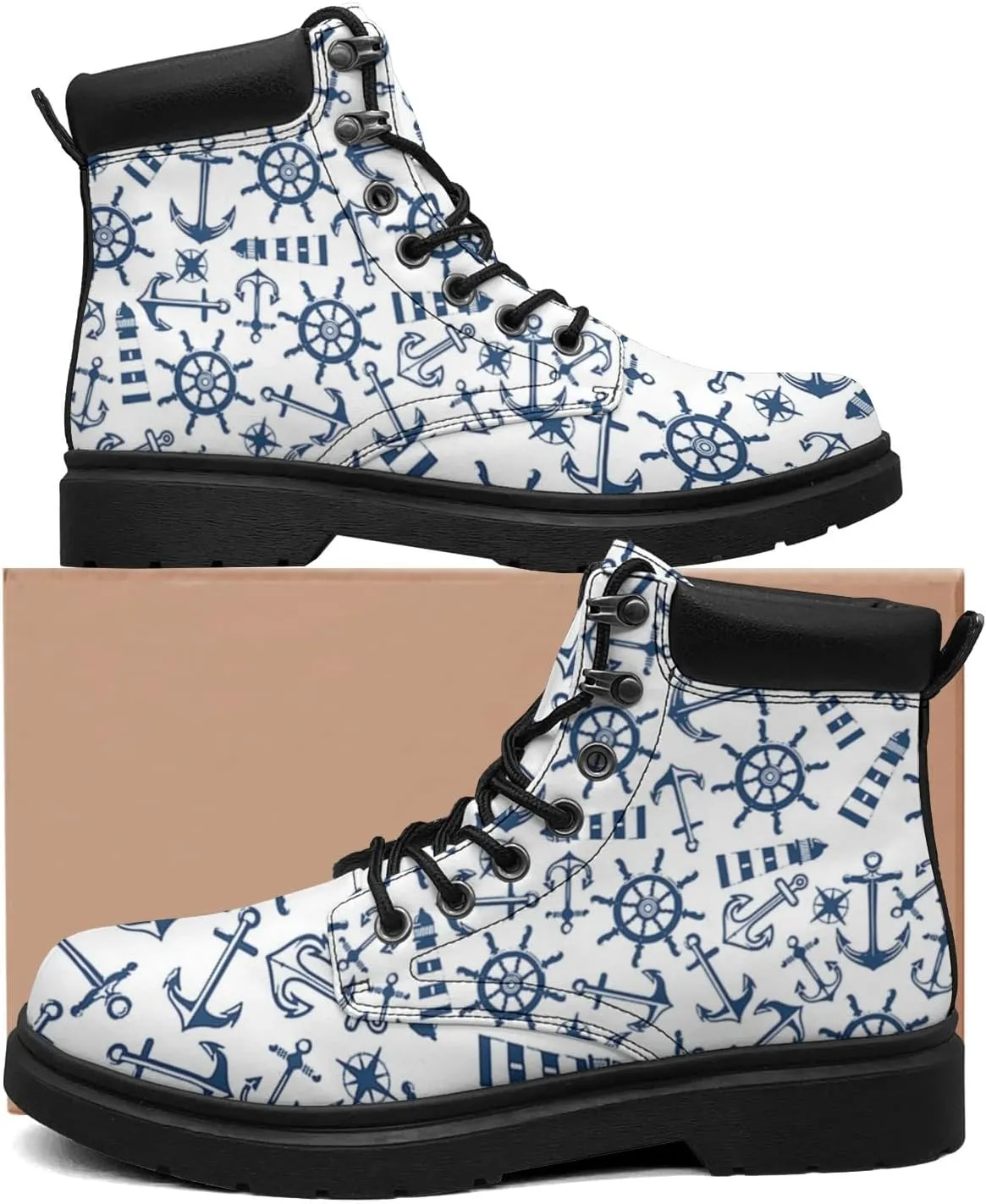 Pitovozu Navy Sea Anchor Sailboat Boots Womens Mens Snow Boots Ankle Anti-Slip Combat Boots Lace Up Waterproof Leather Boots Shoes Gifts for Women Men