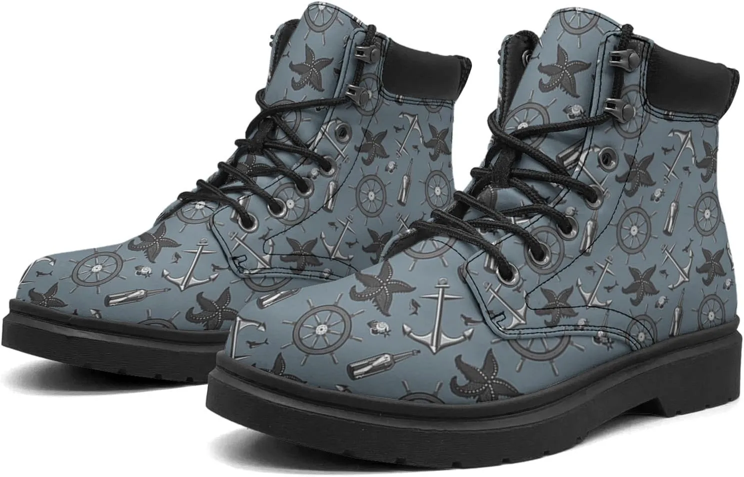 Pitovozu Navy Sea Anchor Sailboat Boots Womens Mens Snow Boots Ankle Anti-Slip Combat Boots Lace Up Waterproof Leather Boots Shoes Gifts for Women Men