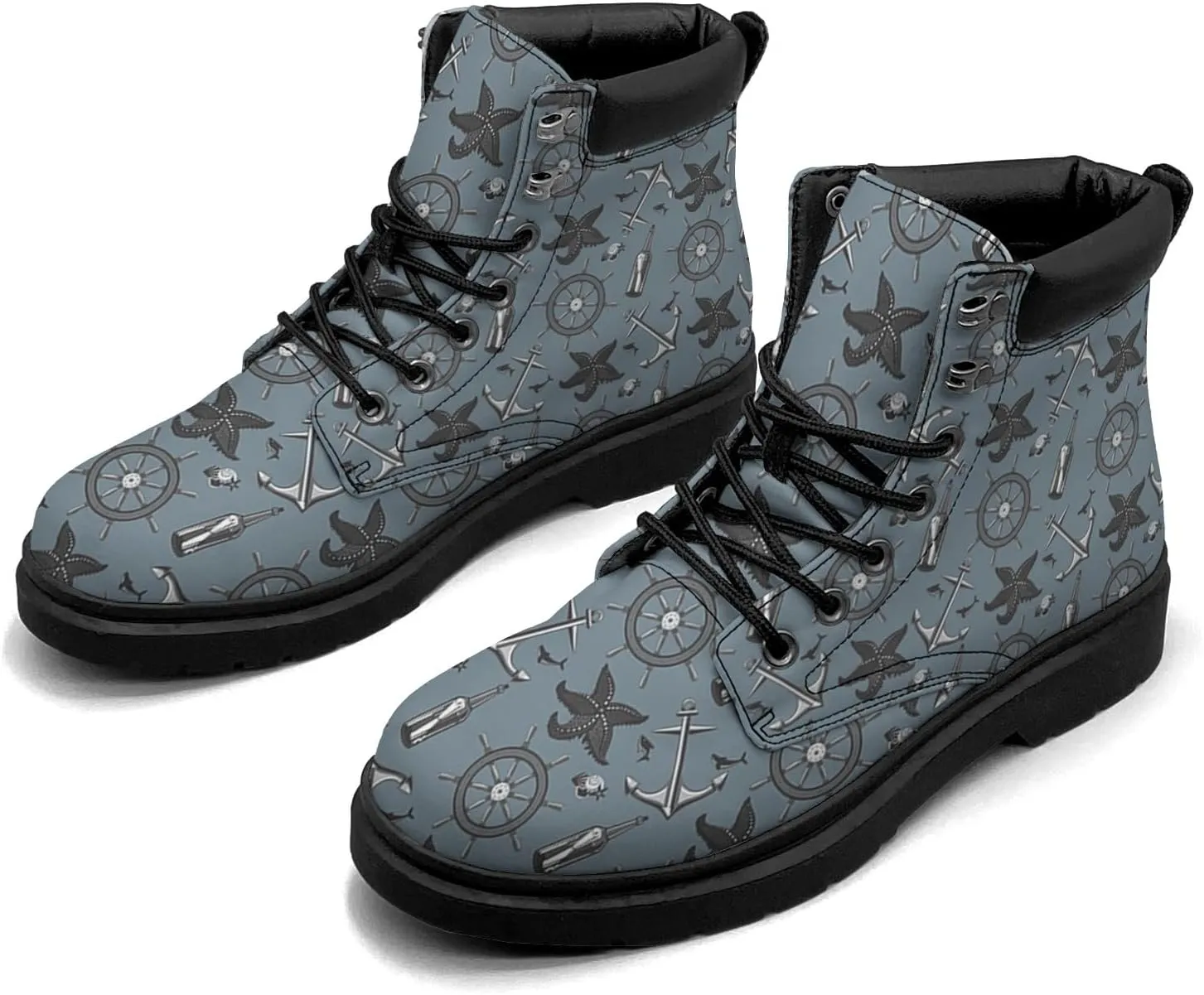 Pitovozu Navy Sea Anchor Sailboat Boots Womens Mens Snow Boots Ankle Anti-Slip Combat Boots Lace Up Waterproof Leather Boots Shoes Gifts for Women Men