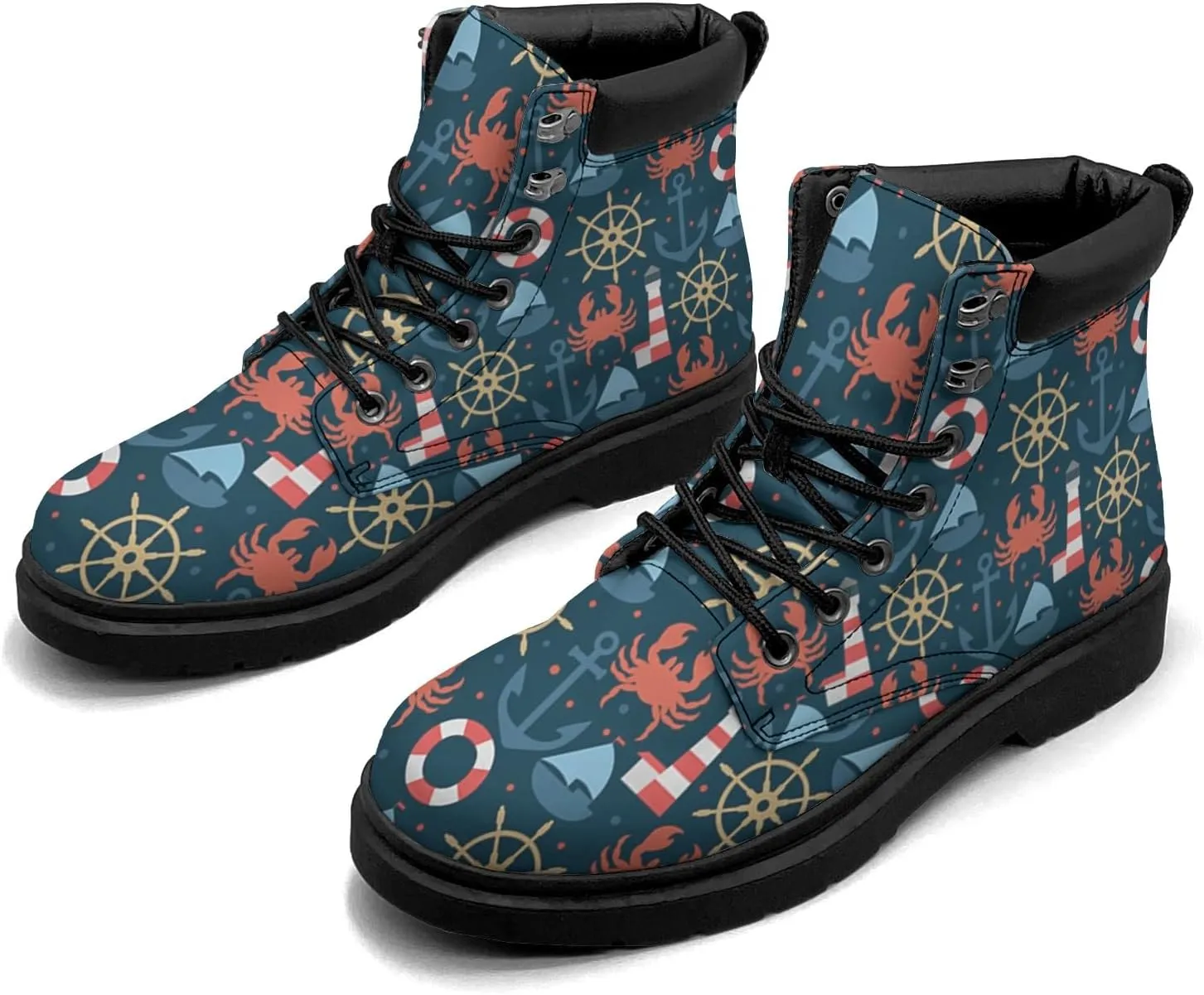 Pitovozu Navy Sea Anchor Sailboat Boots Womens Mens Snow Boots Ankle Anti-Slip Combat Boots Lace Up Waterproof Leather Boots Shoes Gifts for Women Men