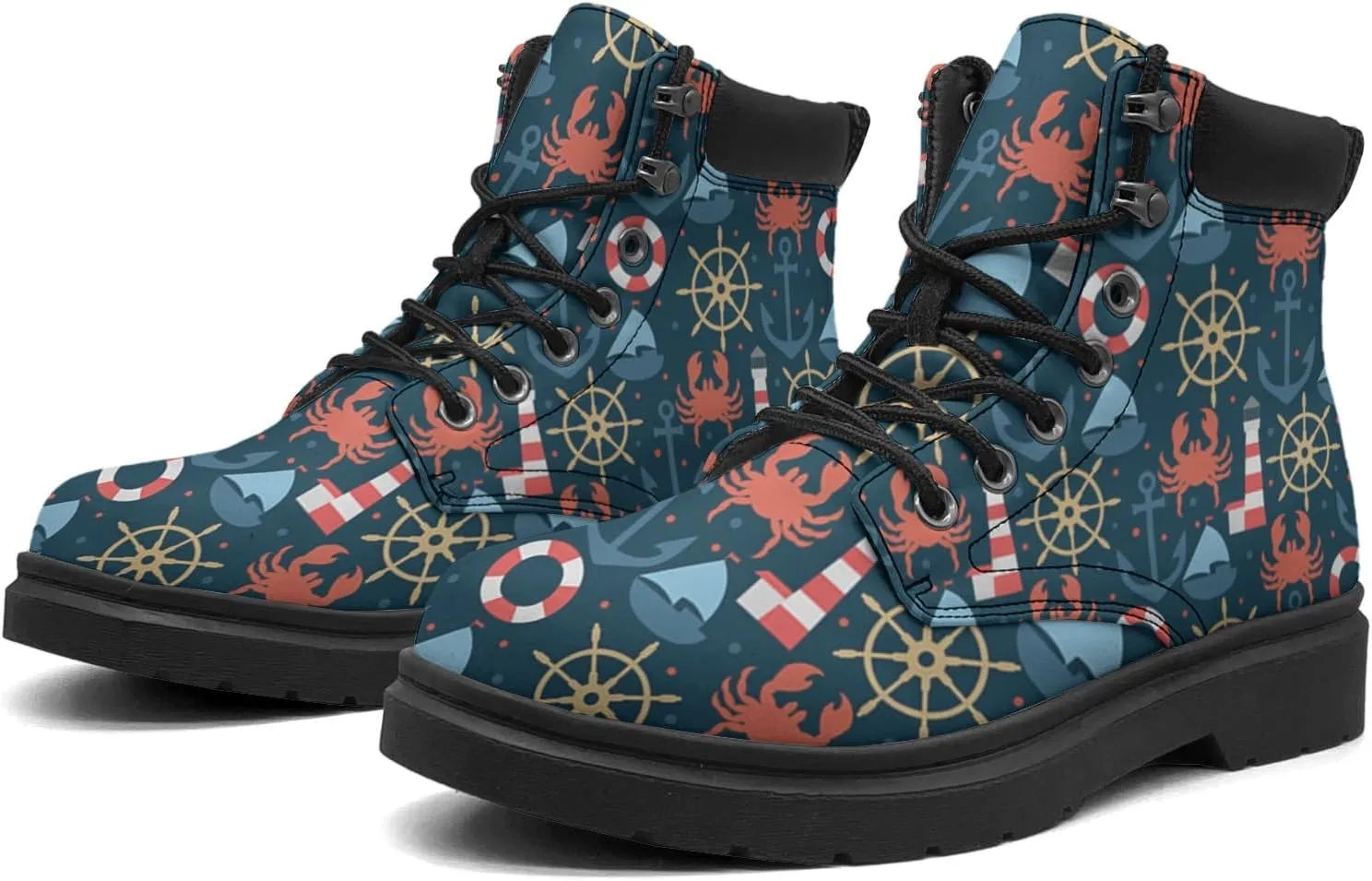 Pitovozu Navy Sea Anchor Sailboat Boots Womens Mens Snow Boots Ankle Anti-Slip Combat Boots Lace Up Waterproof Leather Boots Shoes Gifts for Women Men
