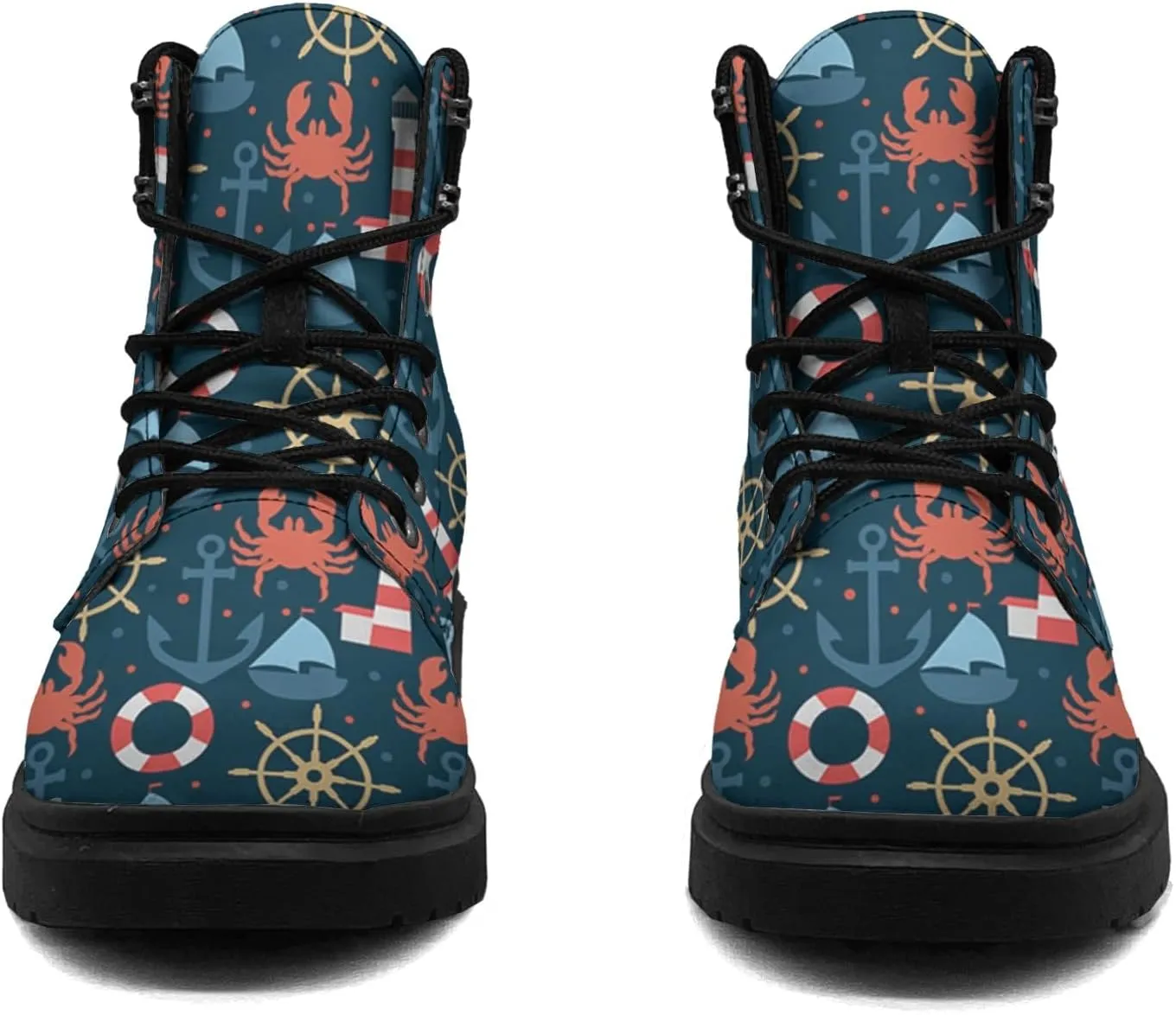Pitovozu Navy Sea Anchor Sailboat Boots Womens Mens Snow Boots Ankle Anti-Slip Combat Boots Lace Up Waterproof Leather Boots Shoes Gifts for Women Men