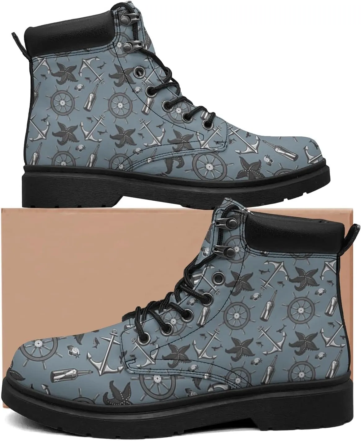 Pitovozu Navy Sea Anchor Sailboat Boots Womens Mens Snow Boots Ankle Anti-Slip Combat Boots Lace Up Waterproof Leather Boots Shoes Gifts for Women Men