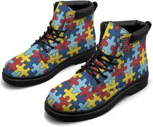 Pitovozu Sunflower World Autism Awareness Boots Womens Snow Boots Ankle Anti-Slip Combat Boots Lace Up Winter Waterproof Leather Boots Shoes Gifts for Women