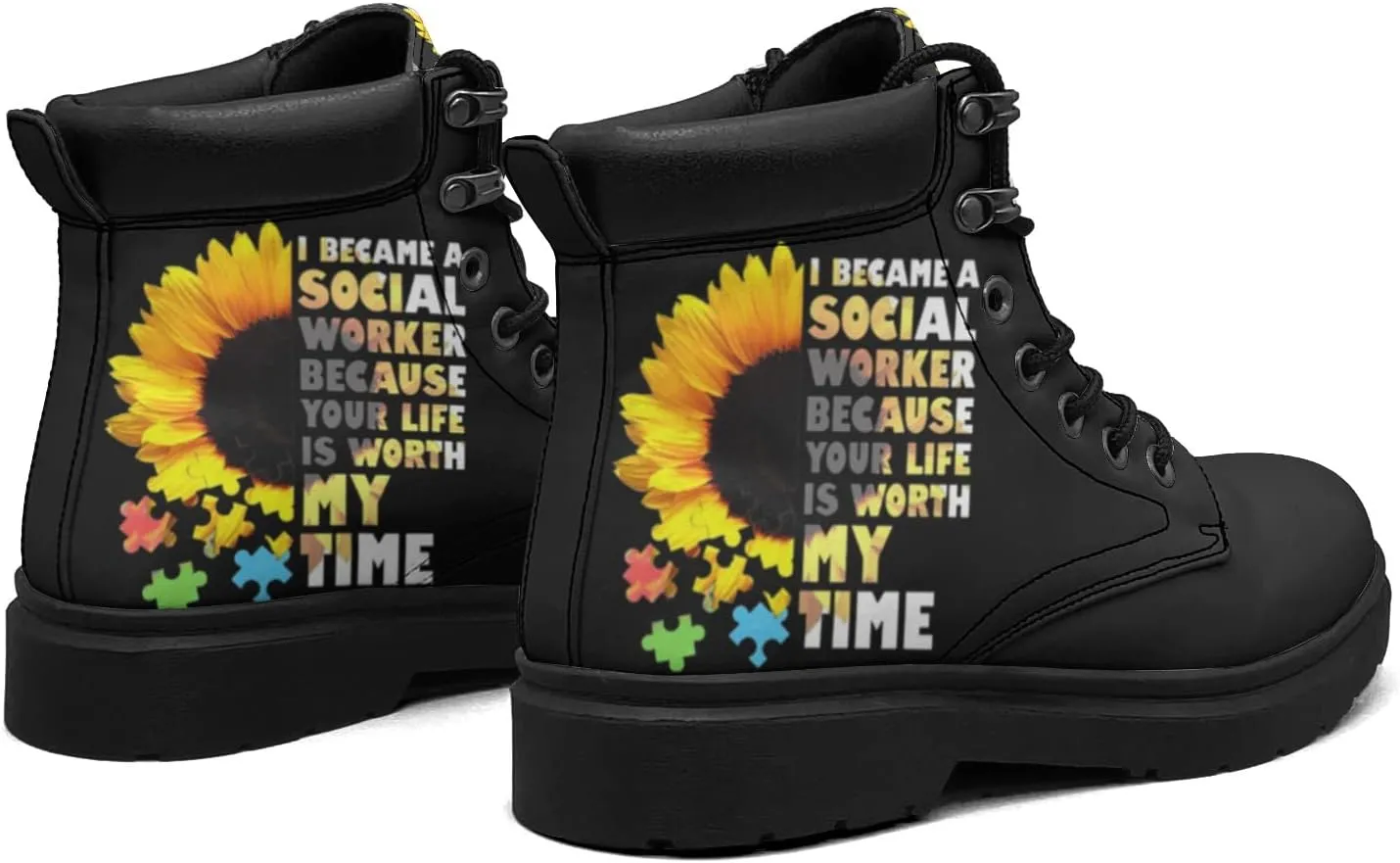 Pitovozu Sunflower World Autism Awareness Boots Womens Snow Boots Ankle Anti-Slip Combat Boots Lace Up Winter Waterproof Leather Boots Shoes Gifts for Women