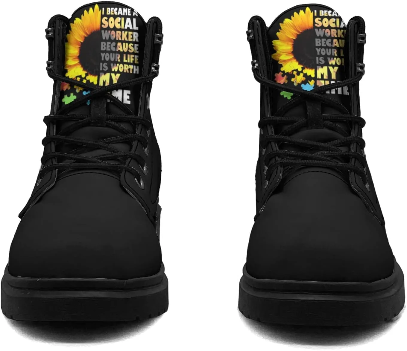 Pitovozu Sunflower World Autism Awareness Boots Womens Snow Boots Ankle Anti-Slip Combat Boots Lace Up Winter Waterproof Leather Boots Shoes Gifts for Women
