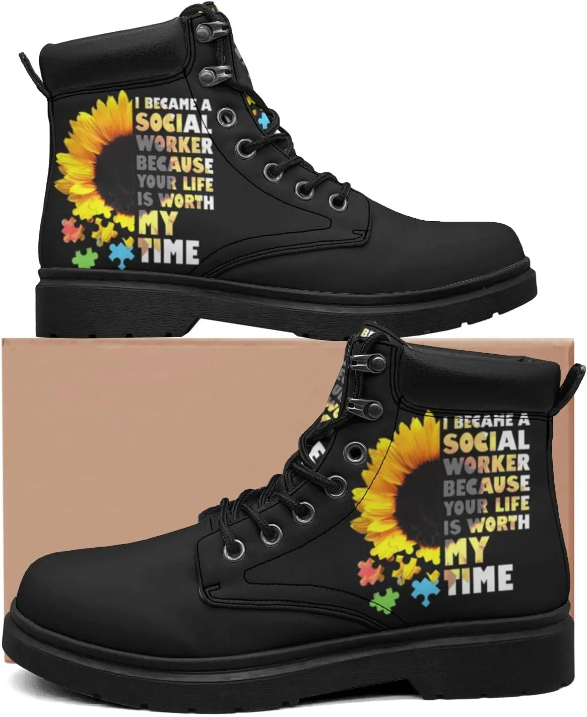 Pitovozu Sunflower World Autism Awareness Boots Womens Snow Boots Ankle Anti-Slip Combat Boots Lace Up Winter Waterproof Leather Boots Shoes Gifts for Women