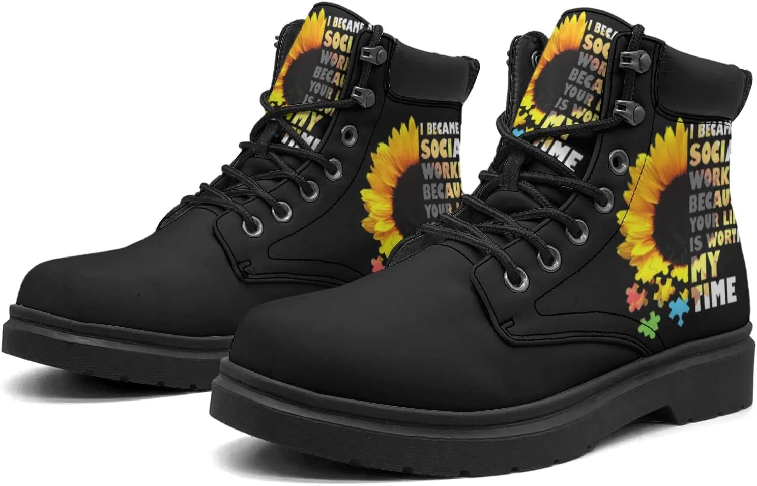 Pitovozu Sunflower World Autism Awareness Boots Womens Snow Boots Ankle Anti-Slip Combat Boots Lace Up Winter Waterproof Leather Boots Shoes Gifts for Women