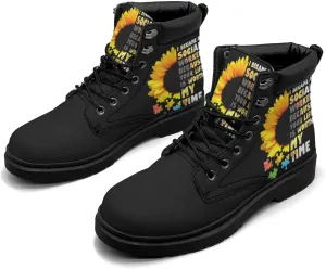 Pitovozu Sunflower World Autism Awareness Boots Womens Snow Boots Ankle Anti-Slip Combat Boots Lace Up Winter Waterproof Leather Boots Shoes Gifts for Women