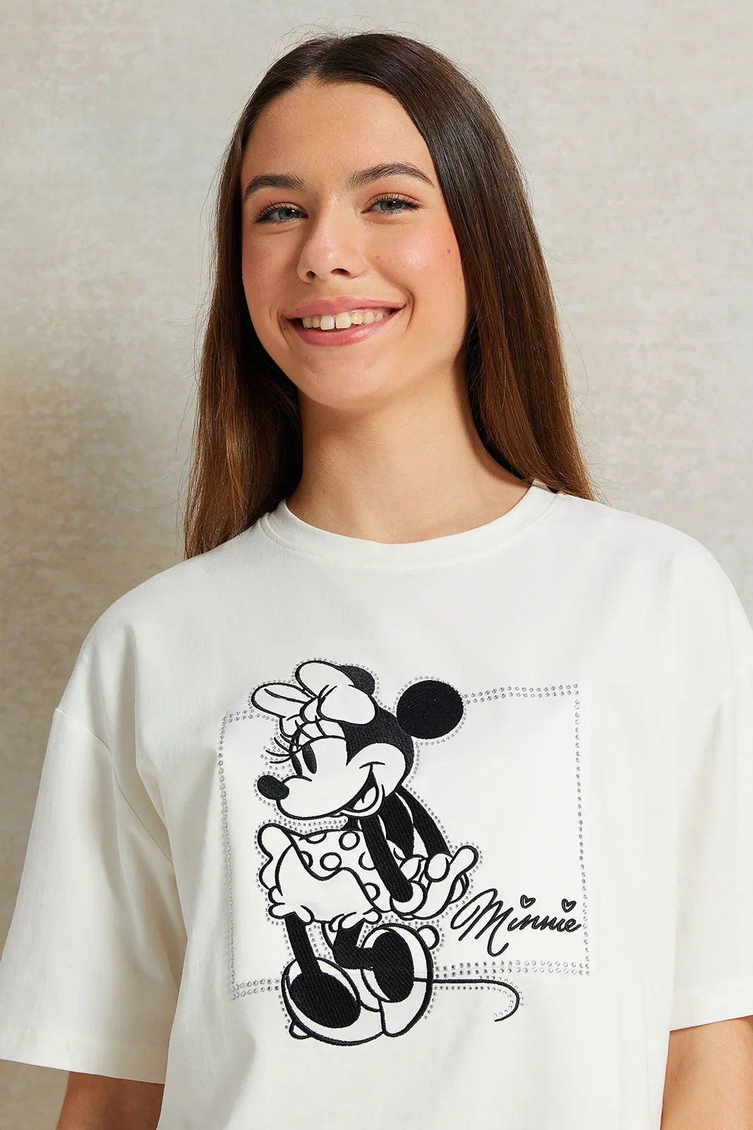 Senior Girls Beige Minnie Mouse Embellished T-Shirt