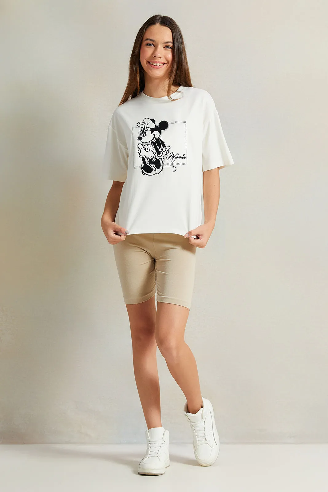 Senior Girls Beige Minnie Mouse Embellished T-Shirt