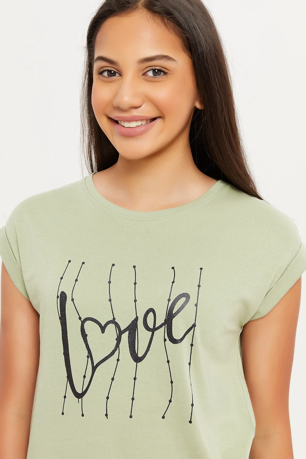 Senior Girls Green Love Print T-Shirt