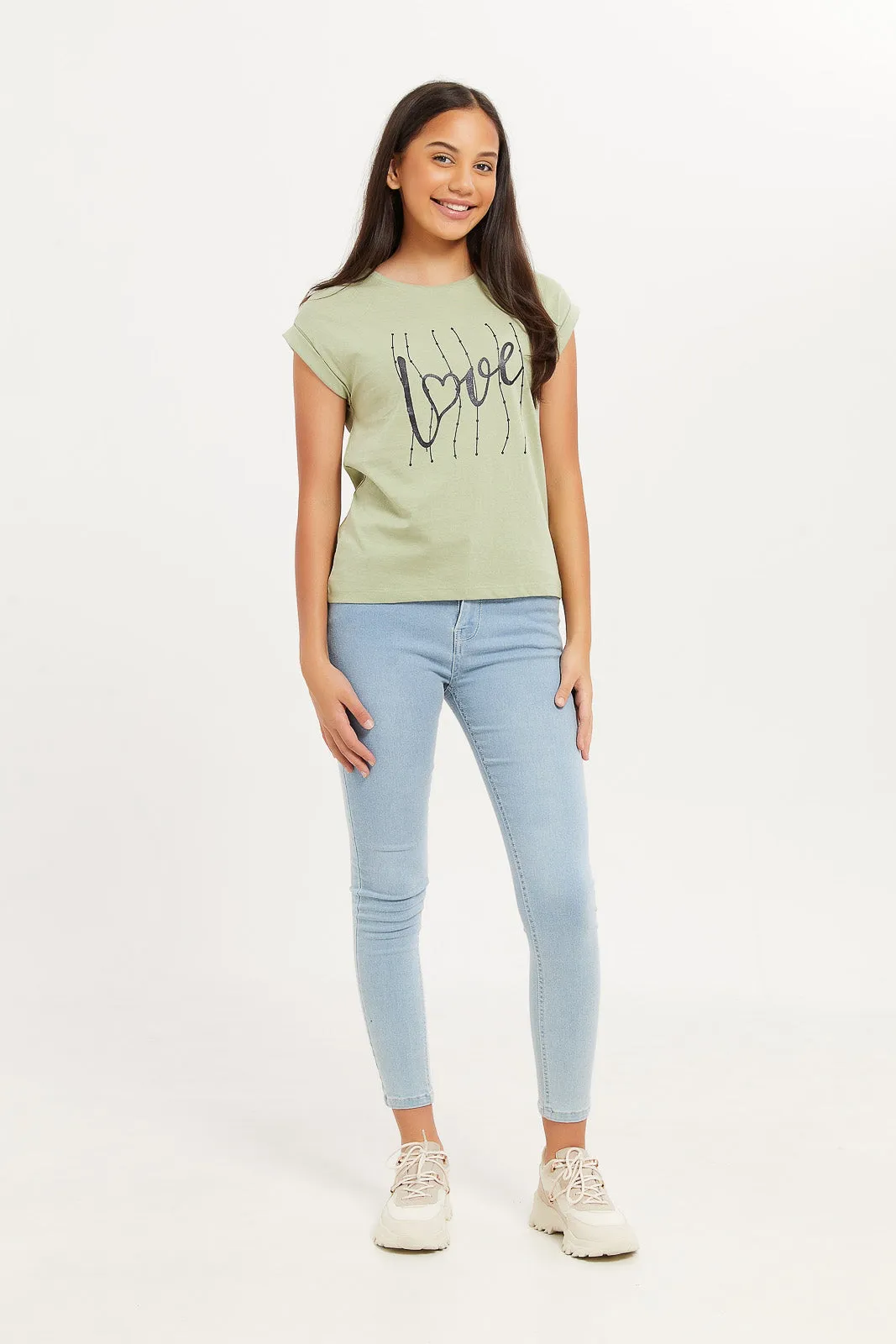 Senior Girls Green Love Print T-Shirt