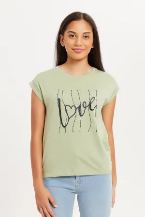 Senior Girls Green Love Print T-Shirt