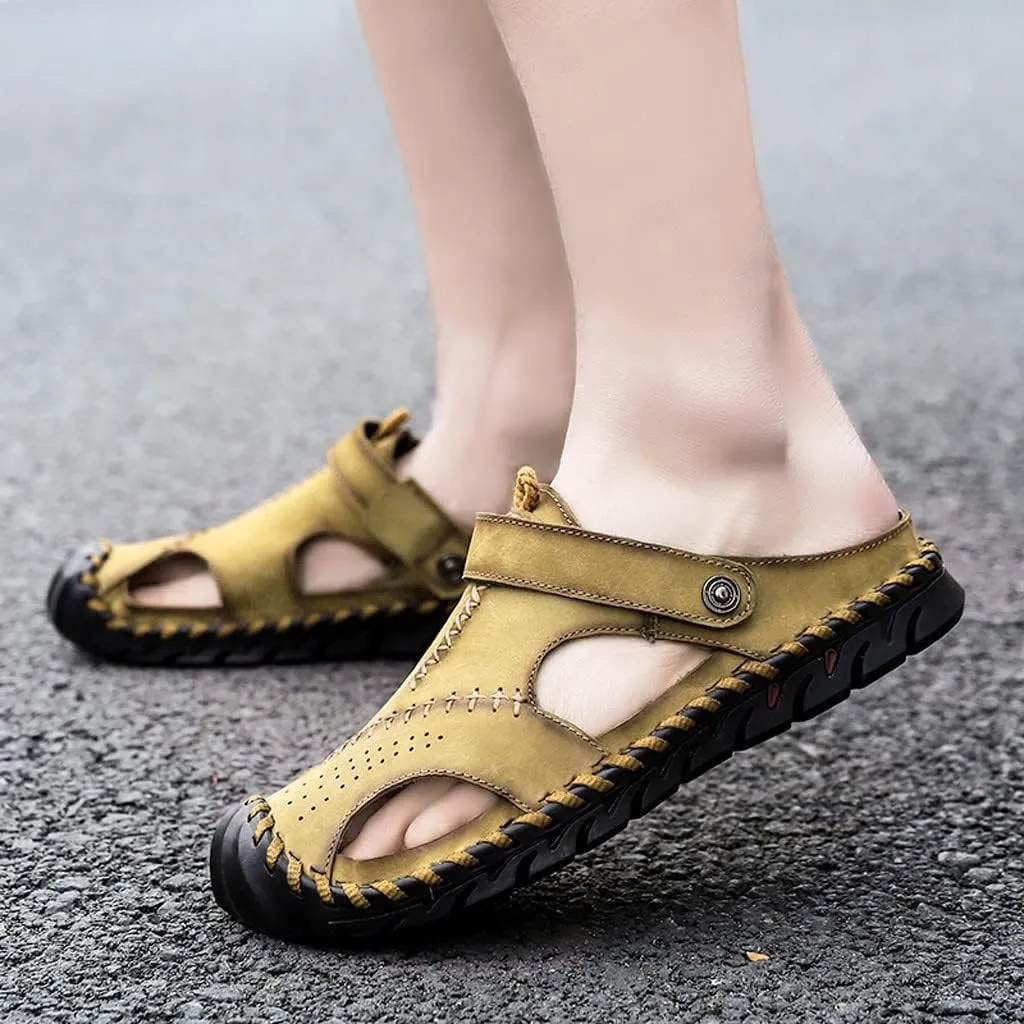 Slip on Roman Sandals for Men Retro Leather Hollow Athletic Sandal Casual Soft Lightweight Summer Shoes