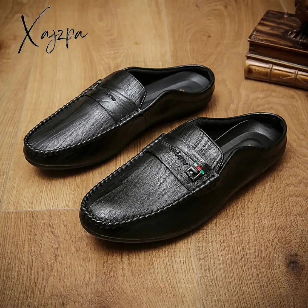 Xajzpa - Luxury Men's Slippers PU Leather Loafers Men Moccasins Casual Non-slip Man Shoes Summer Fashion Half Shoes For Men
