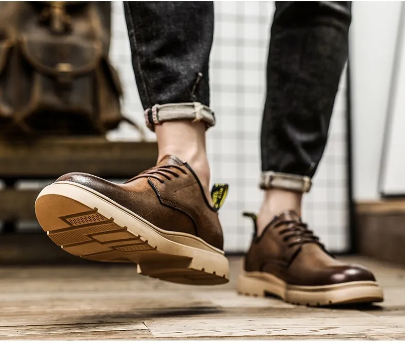 xiangtuibao Autumn Classic Brand Brown Casual Shoes for Men with Free Shipping Retro Platform Leather Shoes Men Lace-up Tooling Shoes Men