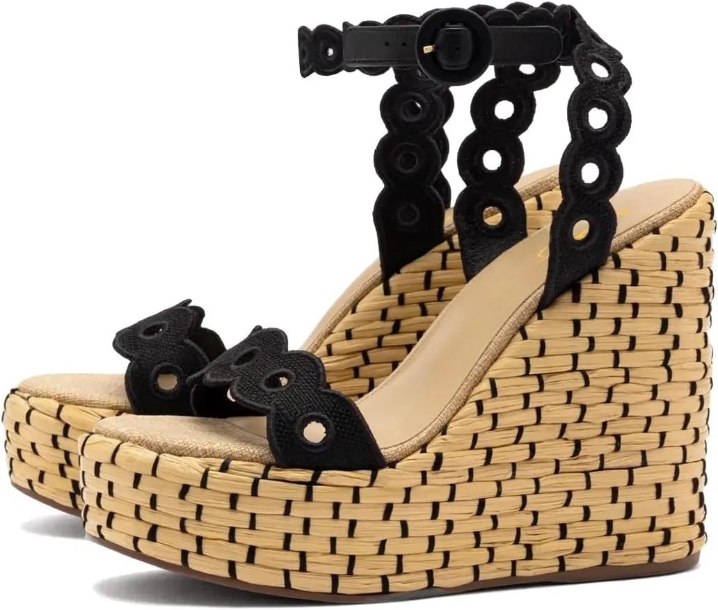 XYD Women Platform Eyelets Sandals Open Toe Espadrilles Wedge High Heels Ankle Strap Evening Holiday Shoes