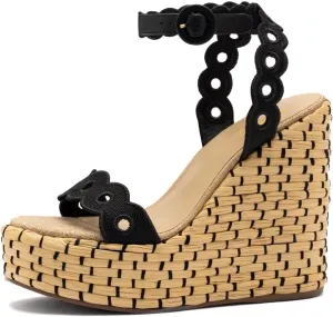 XYD Women Platform Eyelets Sandals Open Toe Espadrilles Wedge High Heels Ankle Strap Evening Holiday Shoes